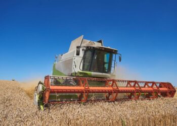 Colheitadeira colhendo soja durante safra recorde de 2025 no Brasil